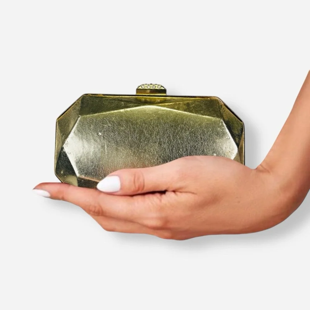 Vintage Nite Bags Gold Hard Shell Clutch Emerald Shape‎ Bar Rhinestone Clasp